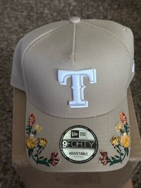 New Era Beige Cap with White 'T' Patch and Floral Embroidery SnapBack